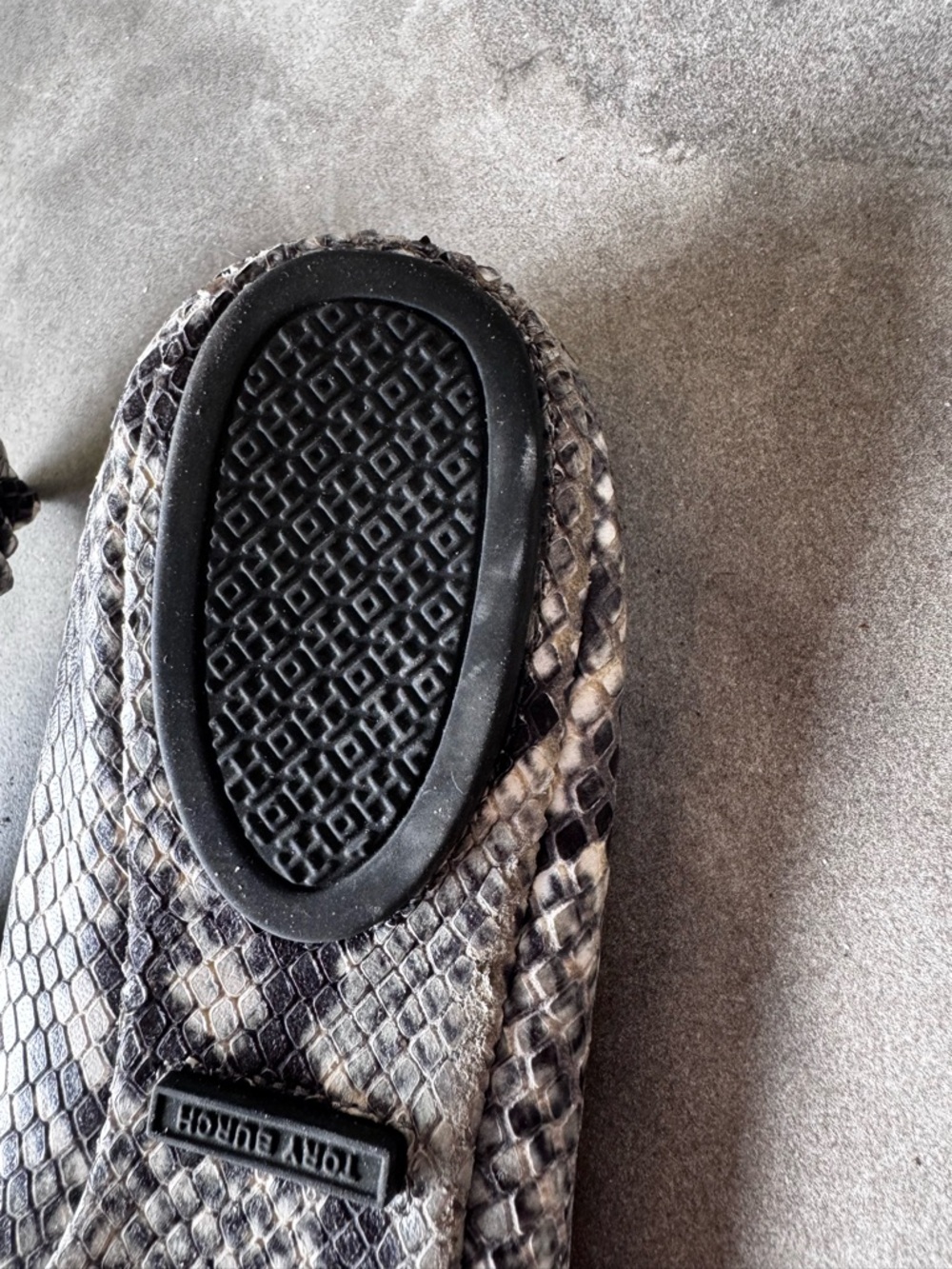 Tory Burch Snake-Print Ballet Flats in Black and Gray with Logo Medallion - Picture 9 of 10